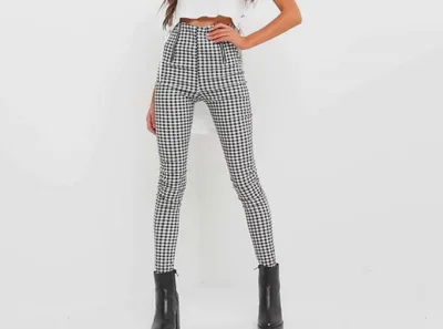 Black and white plaid zipper slim slimming white pants Black And White Grid - Shop at LoveMi