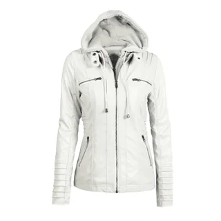 Detachable hooded lapel zipper long-sleeved solid color women's leather - White