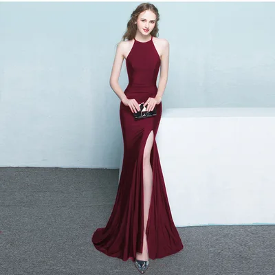 Bride toast clothing new fashion long red fishtail hanging neck wedding banquet evening dress Jujube Red - Shop at LoveMi