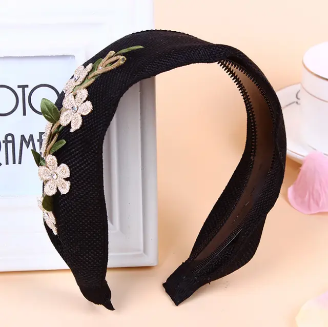European and American personality new headdress garland fashion hairpin linen flower extra wide headband plant rhinestone hair band Black - Shop at LoveMi