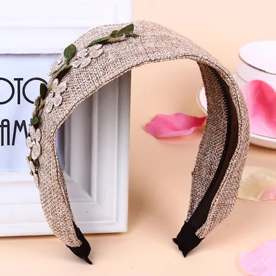 European and American personality new headdress garland fashion hairpin linen flower extra wide headband plant rhinestone hair band Gray - Shop at LoveMi