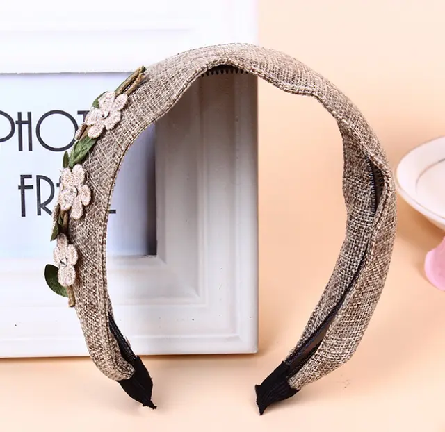 European and American personality new headdress garland fashion hairpin linen flower extra wide headband plant rhinestone hair band Grey Three Fl... Grey Three Flowers - Shop at LoveMi