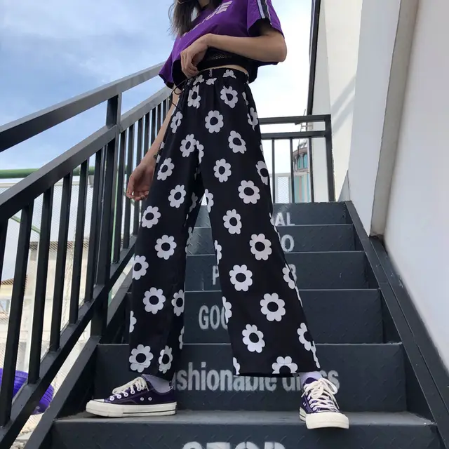 Summer Korea Harajuku style loose high waist straight comfortable and comfortable flower wide leg pants Black - Shop at LoveMi