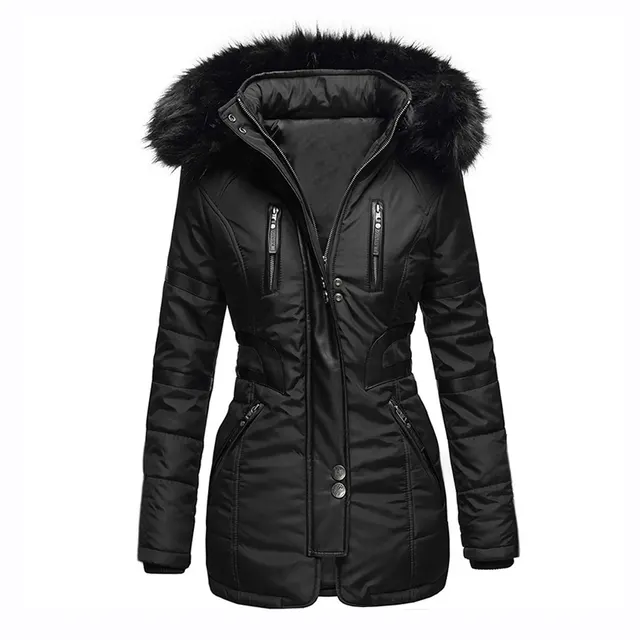 Contrasting color big fur collar cotton coat women Black - Shop at LoveMi