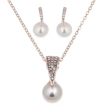 Bride Rhinestone Pearl Earrings Necklace Set Banquet Dress Jewelry Default - Shop at LoveMi
