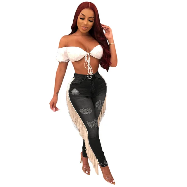 Casual ruffled fringed jeans Black - Shop at LoveMi