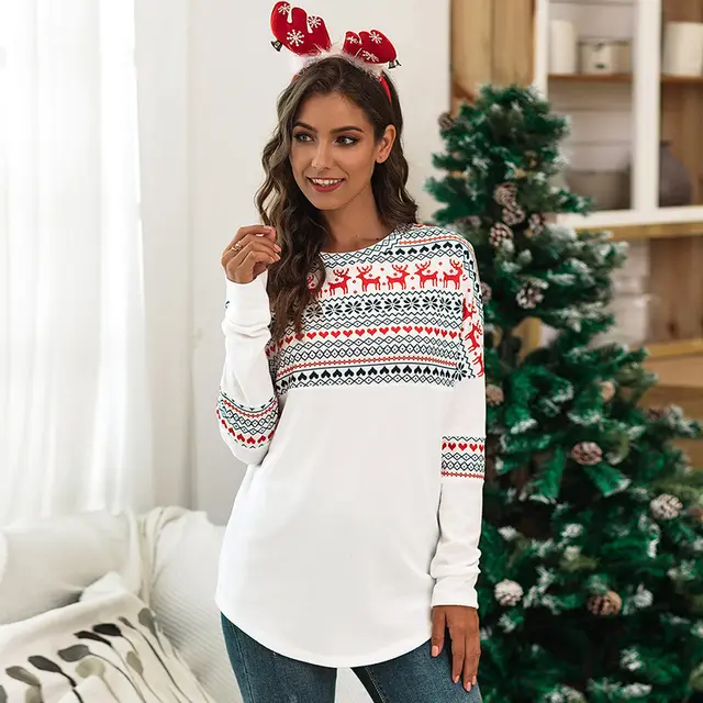 Christmas color block print sweatshirt White - Shop at LoveMi