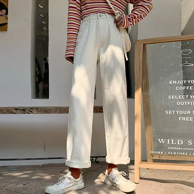 High waisted straight loose casual pants all match slim pants White - Shop at LoveMi