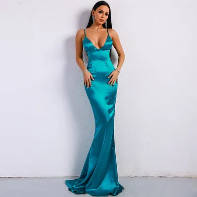 V neck solid color sling backless ladies evening dress Blue - Shop at LoveMi