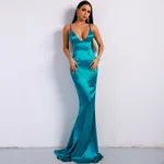 V-neck solid color sling backless ladies evening dress - Blue