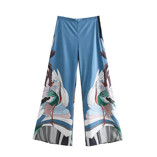 Vintage Crane Print High Waist Wide Leg Pants Blue - Shop at LoveMi