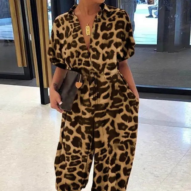 Retro women's short sleeved button casual pants Khaki Leopard - Shop at LoveMi