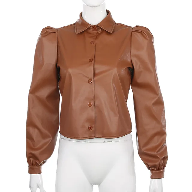 Long Puff Sleeve Turn Down Collar Women Leather Shirt Brown - Shop at LoveMi