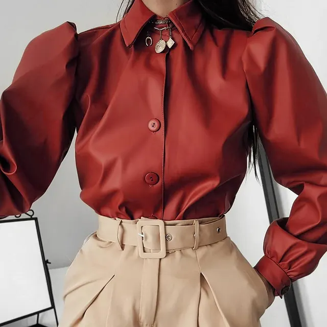 Long Puff Sleeve Turn Down Collar Women Leather Shirt Red - Shop at LoveMi