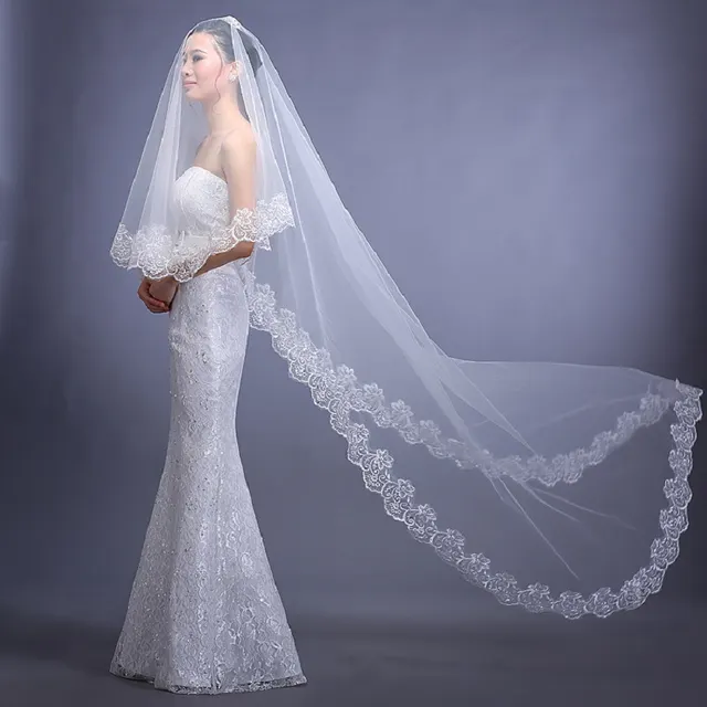 The bride wedding veil wedding wedding headdress accessories manufacturers 3 meters long white lace veil Bleached White - Shop at LoveMi