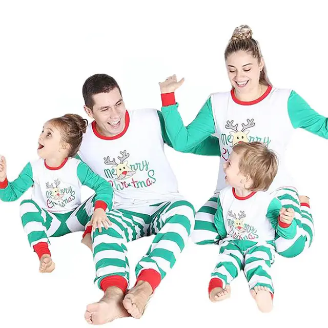 Striped Printing Long Sleeved Home Leisure Parent Child Suit Green - Shop at LoveMi