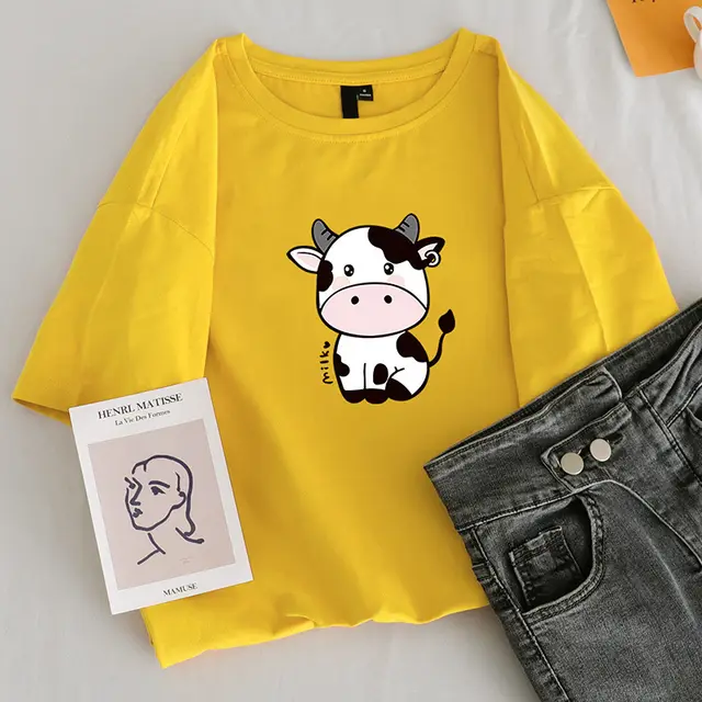 Fashion Loose Round Neck White Short Sleeves Light Yellow - Shop at LoveMi