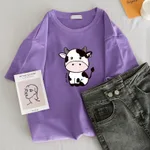 Fashion Loose Round Neck White Short Sleeves - Purple