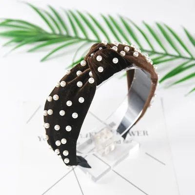 Pearl velvet knotted hair hoop Brown - Shop at LoveMi