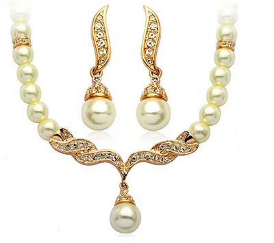 Korean Version, Elegant Angel Wings, Fashionable Pearl Necklace, Earrings, Bridal Suit 9086 Gold - Shop at LoveMi