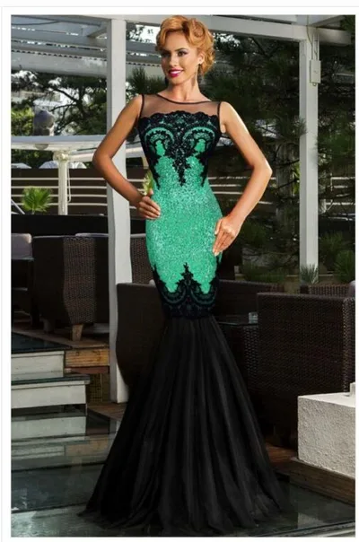 Europe and America long skirt sexy sleeveless sequin mesh stitching banquet evening dress dew backpack hip fishtail mopping dress Green - Shop at LoveMi