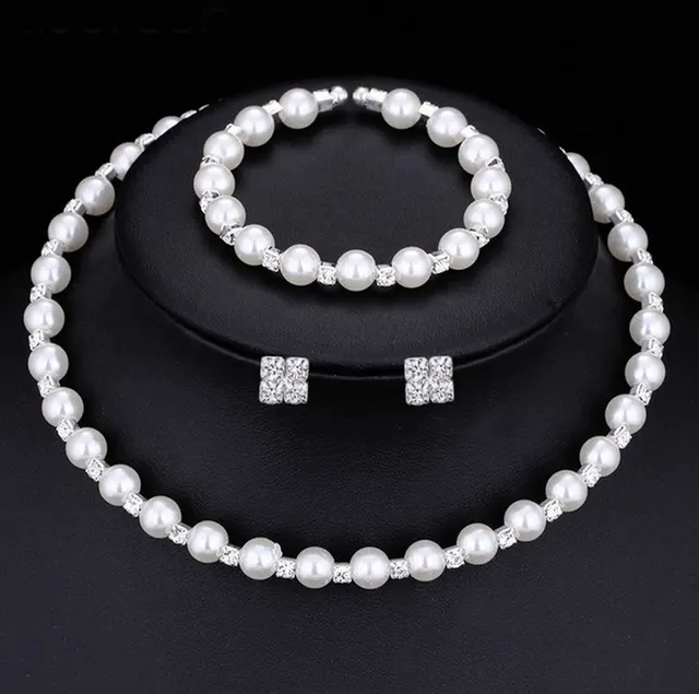 Bridal bridal accessories 8MM handmade pearls, Rhinestone necklaces, necklaces, bracelets, earrings, three sets of suits Default - Shop at LoveMi