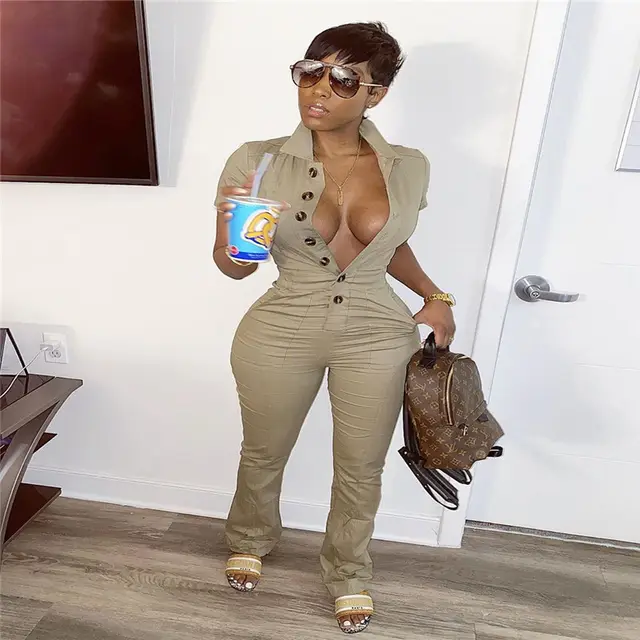 Sexy buttoned overalls Khaki - Shop at LoveMi