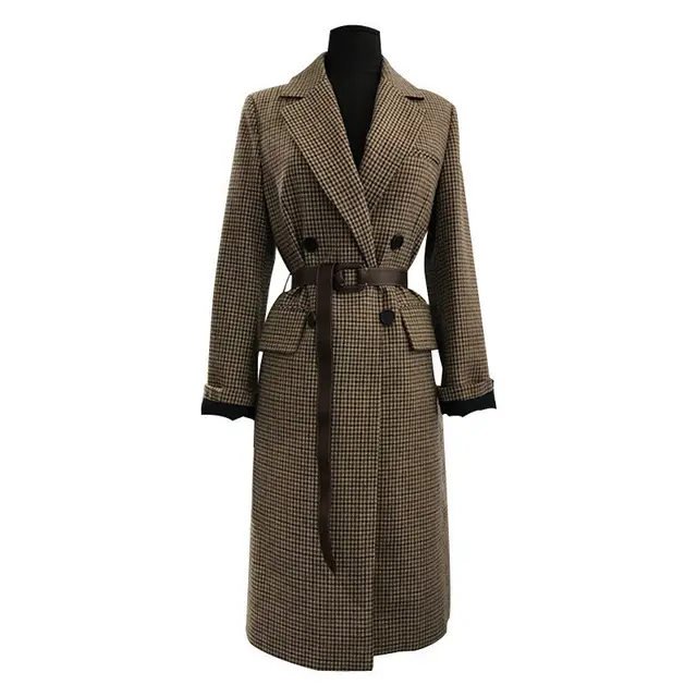 Korean plaid wool coat Coffee - Shop at LoveMi