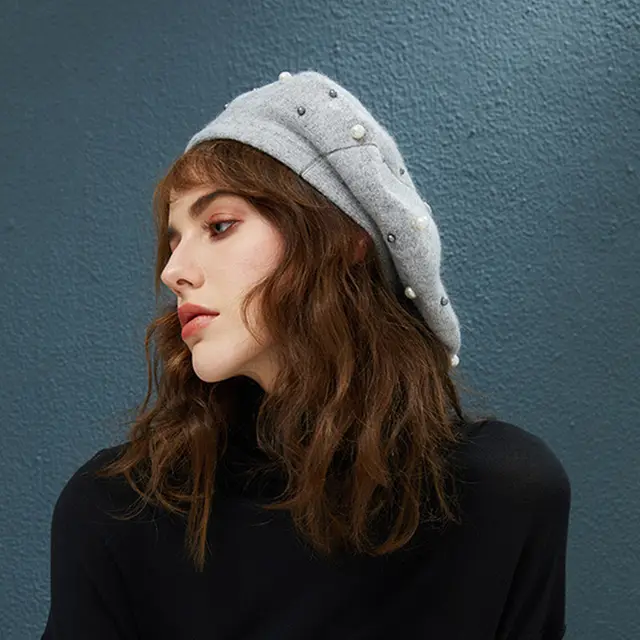 Autumn and winter all match pearl beret adult hat Light Gray - Shop at LoveMi