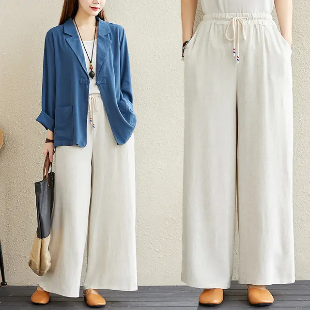 Hemp Rope Elastic Waist Wide leg Trousers Linen - Shop at LoveMi