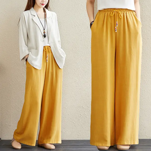 Hemp Rope Elastic Waist Wide leg Trousers Yellow - Shop at LoveMi