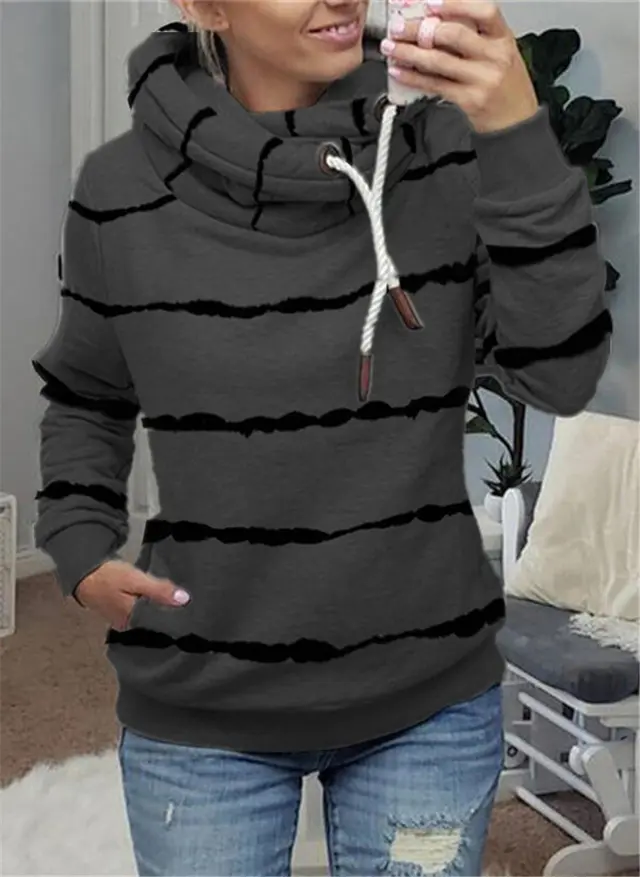 Printed Hooded Fleece Striped Sweatshirt Black - Shop at LoveMi