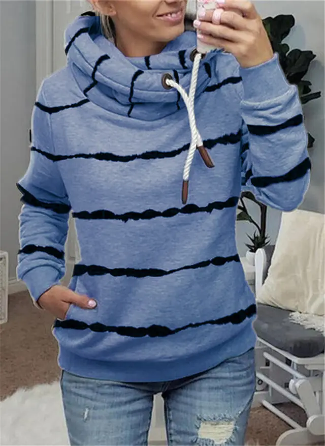 Printed Hooded Fleece Striped Sweatshirt Blue - Shop at LoveMi
