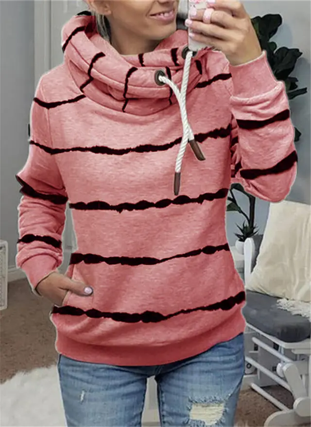 Printed Hooded Fleece Striped Sweatshirt Pink - Shop at LoveMi