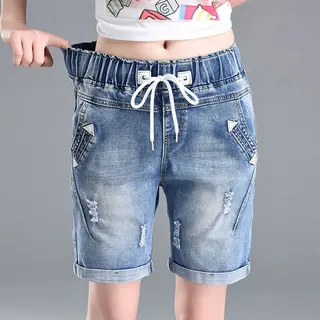Elastic Women's hole casual shorts - Light Blue