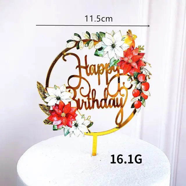 Dark Flowers Acrylic Happy Birthday Baking Cake Decoration Fruit - Shop at LoveMi