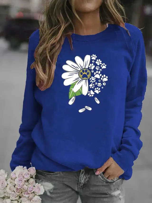 Casual Women's Blank Floral Round Neck Sweater Blue - Shop at LoveMi