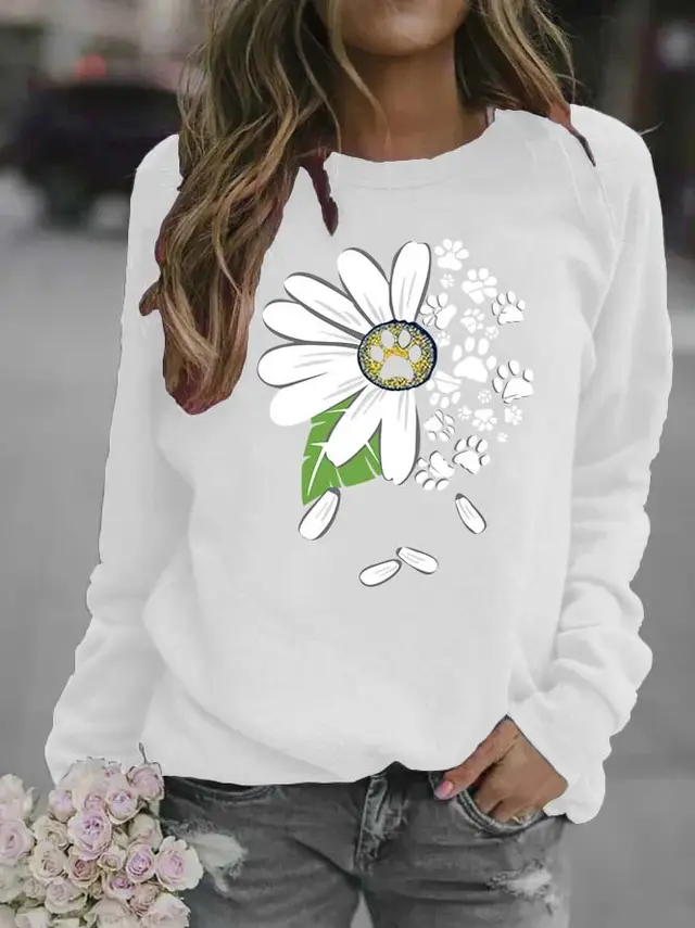 Casual Women's Blank Floral Round Neck Sweater White - Shop at LoveMi