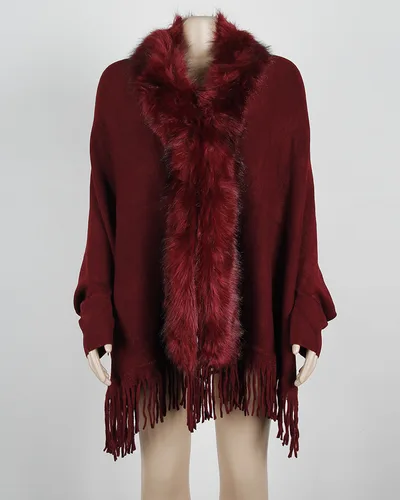 Fringed cloak shawl fur collar cape cardigan women Red - Shop at LoveMi