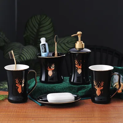 Bathroom set simple ceramic wash four piece set Black - Shop at LoveMi