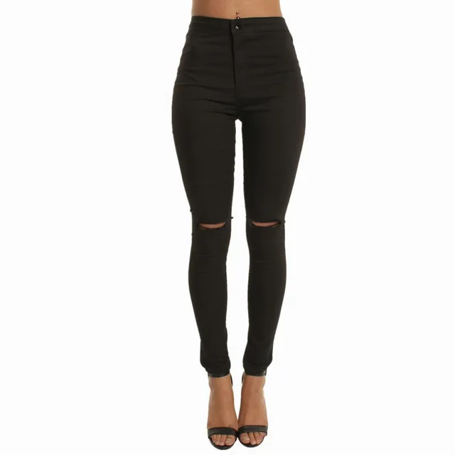 Stretch jeans, thin knees, hole pants Black - Shop at LoveMi