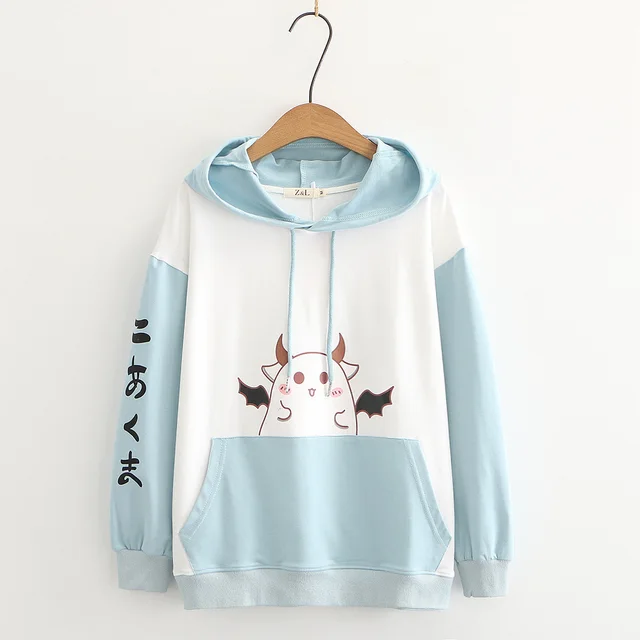 Spring and Autumn Hooded College Style Loose Top Blue - Shop at LoveMi