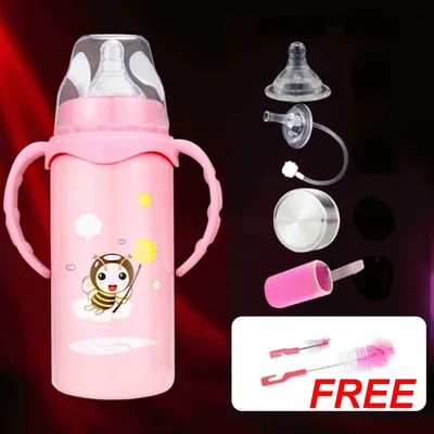Baby stainless steel insulated feeding bottle Pink 240Ml - Shop at LoveMi