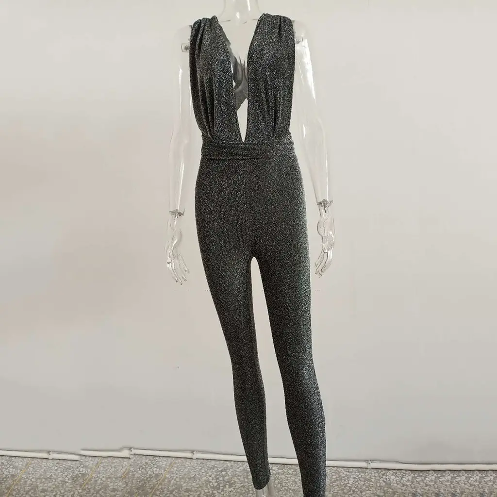 Suspender bright silk sexy one-piece pants - Dark Silver