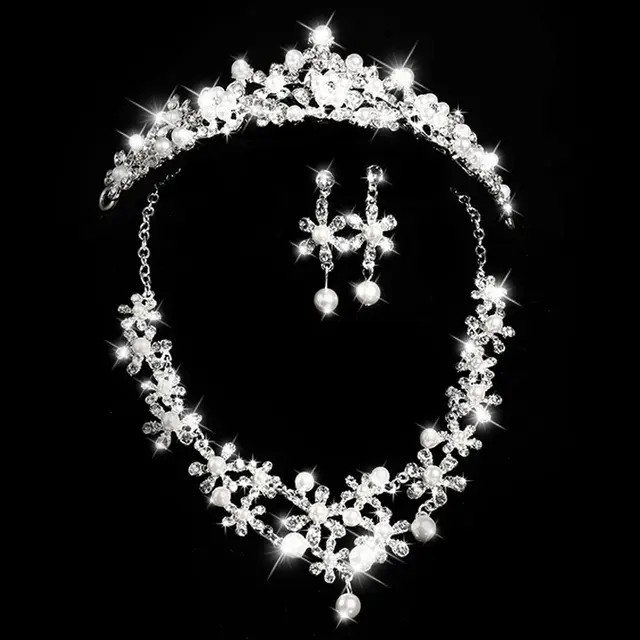 Bridal headdress, three sets of crystal flower necklace, diamond earrings, European and American Wind crown, wedding jewelry 3 Pieces - Shop at LoveMi