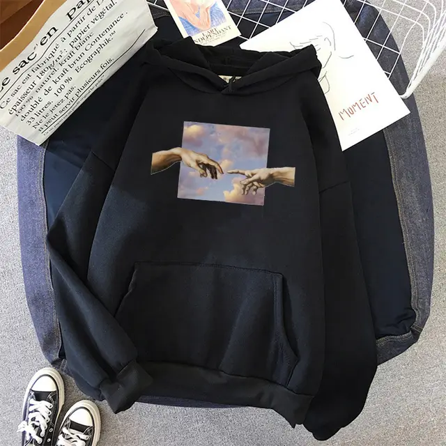 Candy Color Hoodie Sweatshirt Print Hand of God and Hand of Adam Black - Shop at LoveMi
