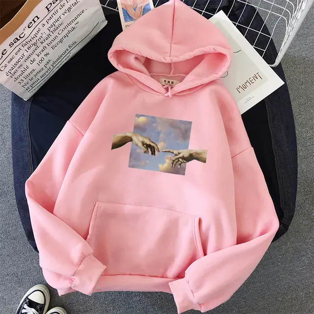 Candy Color Hoodie Sweatshirt Print Hand of God and Hand of Adam Pink - Shop at LoveMi