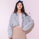 Korean Style Lace-up Blouse With Long Sleeves and Short Loose - Light Blue