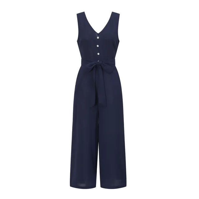 V neck halter buttons with belt jumpsuit Navy Blue - Shop at LoveMi