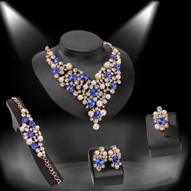 Four piece Bridal Clothing Accessories Necklace Earrings Bule - Shop at LoveMi